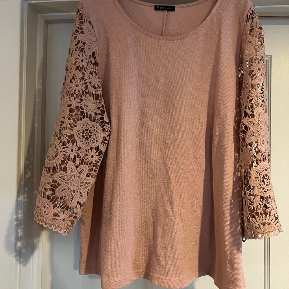 Very J Blush Top with Floral Lace Sleeves